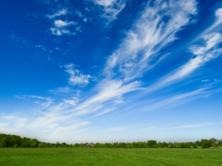 Eine grüne Landschaft mit blauem Himmel.